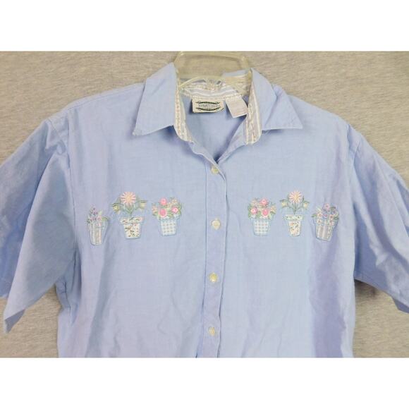 Woman Shirt Medium Blue Embroidered Flower Pots Short Sleeve Separate Issue VTG - Picture 2 of 7